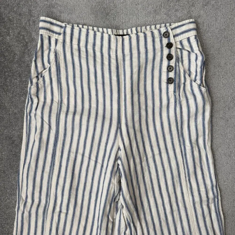 Tahari Pants Womens XL Blue Cream Stripe Linen Blend Wide Leg Cropped High Rise - Picture 2 of 11